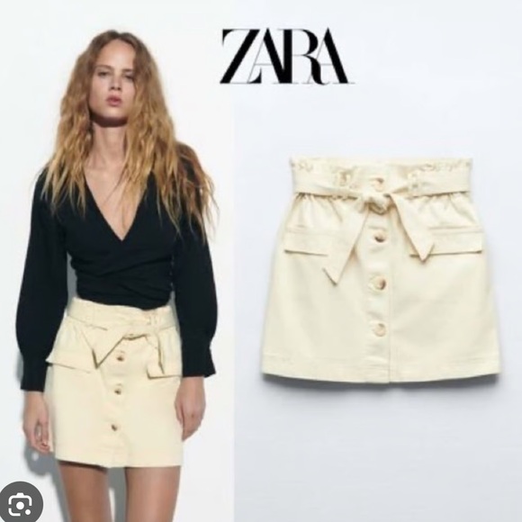 Zara cream button cargo tie belt button up mini skirt Large NWOT - Picture 2 of 7